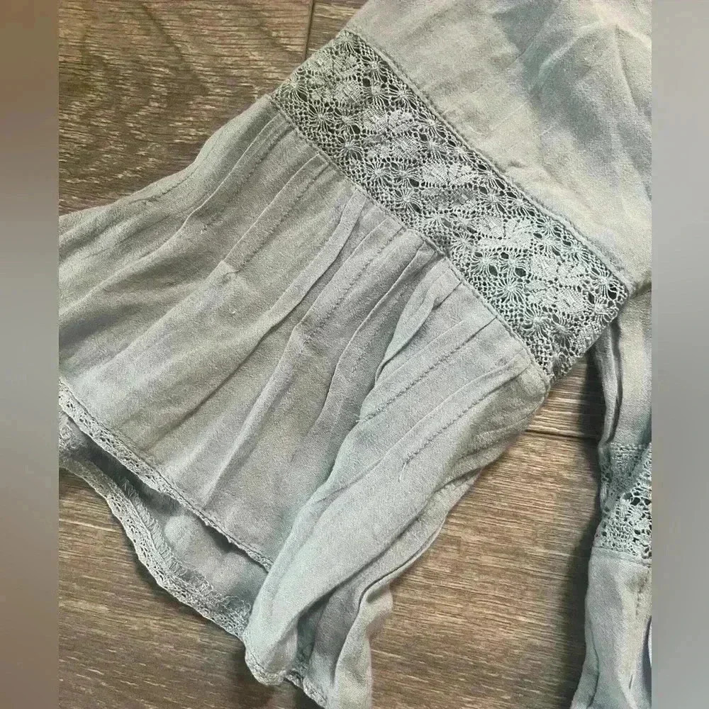 Free People Light Blue Peasant Top with Lace Accents and Tassel Tie Size XS - Picture 3 of 8
